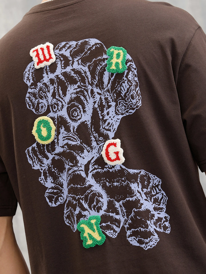 Embroidered & Printed Oversized T-Shirt | Brown