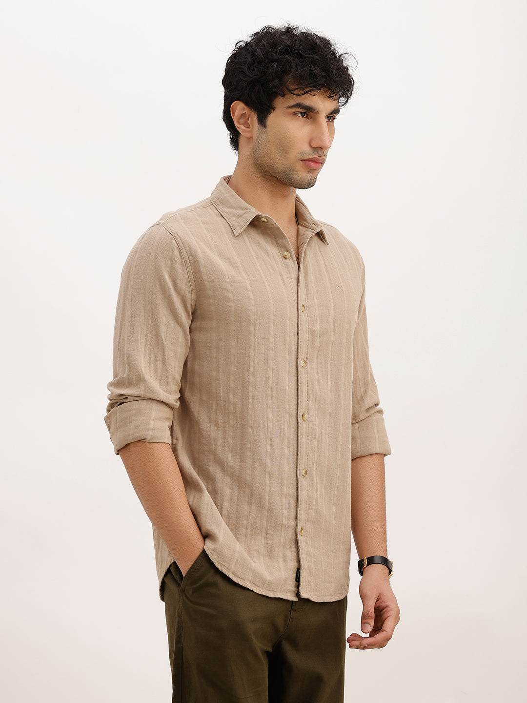 Slim Fit Textured Striped Full Sleeve Shirt | Khaki