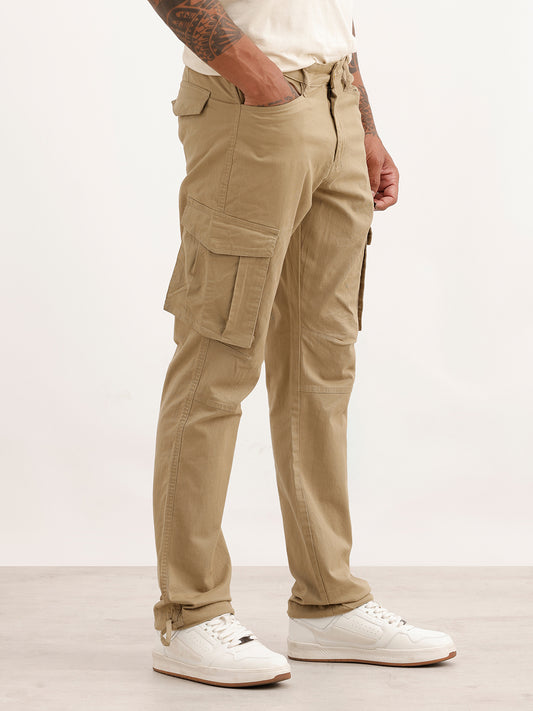 Solid Straight Fit Cargo Trouser | Beige