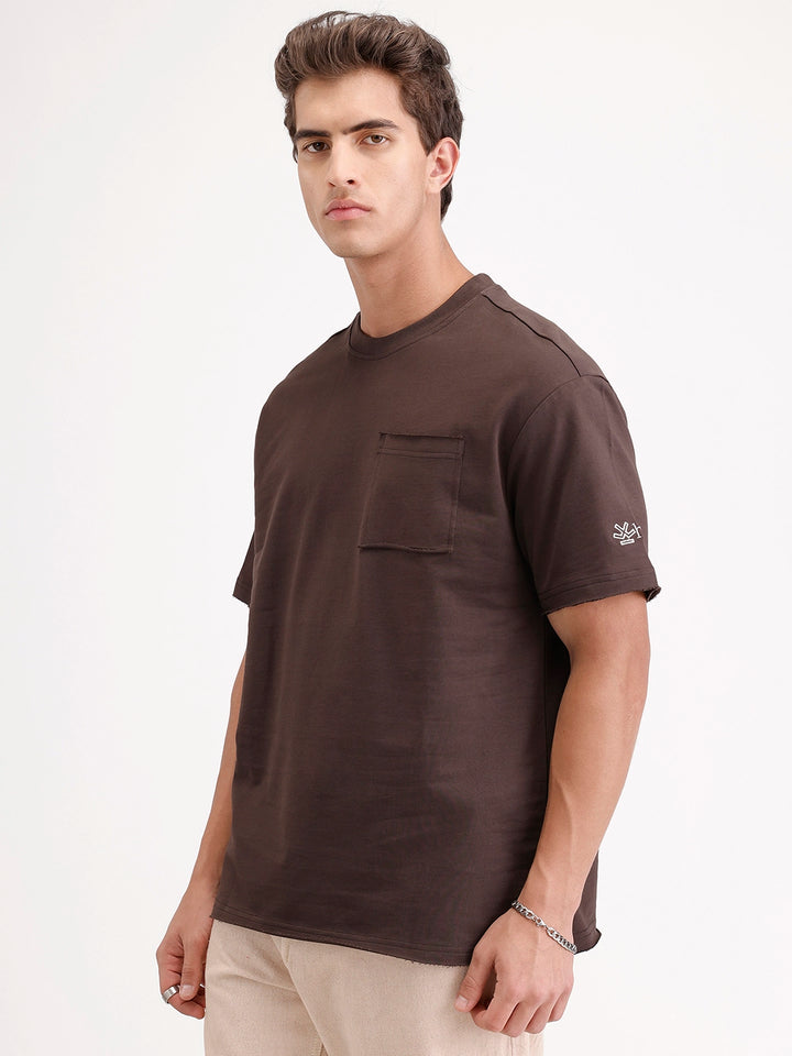 Oversized Solid Patch Pocket T-Shirt | Brown