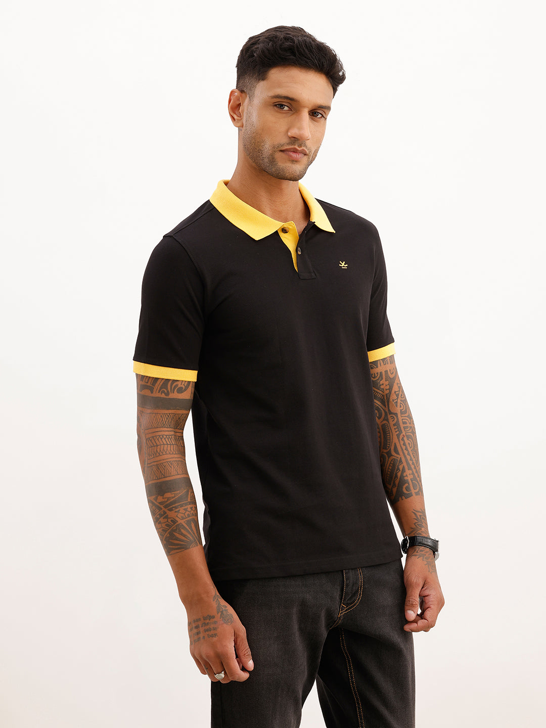 Slim Fit Contrast Collar Polo T-Shirt | Black