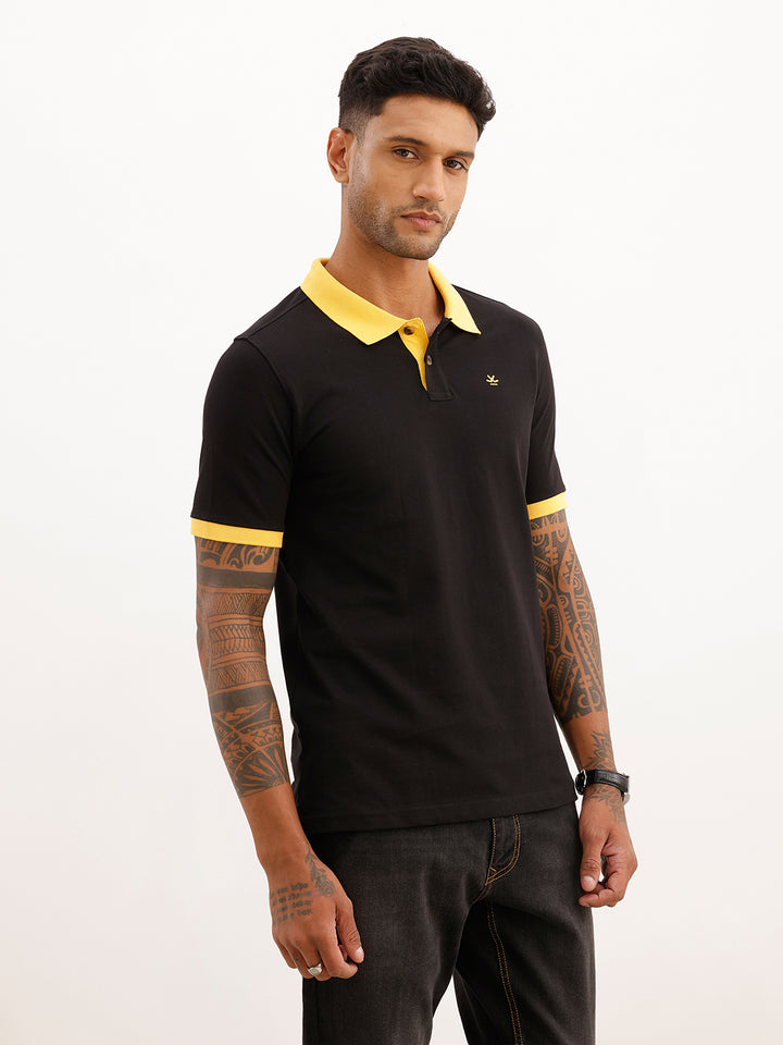 Slim Fit Contrast Collar Polo T-Shirt | Black