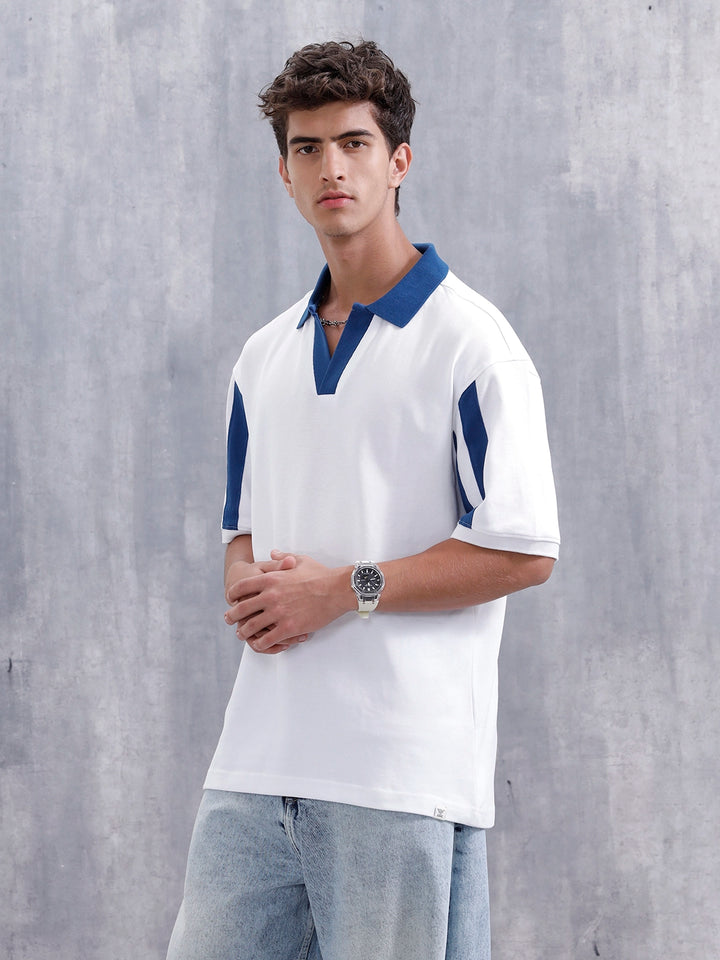 Oversized Johnny Collar Sporty Polo T-Shirt | White