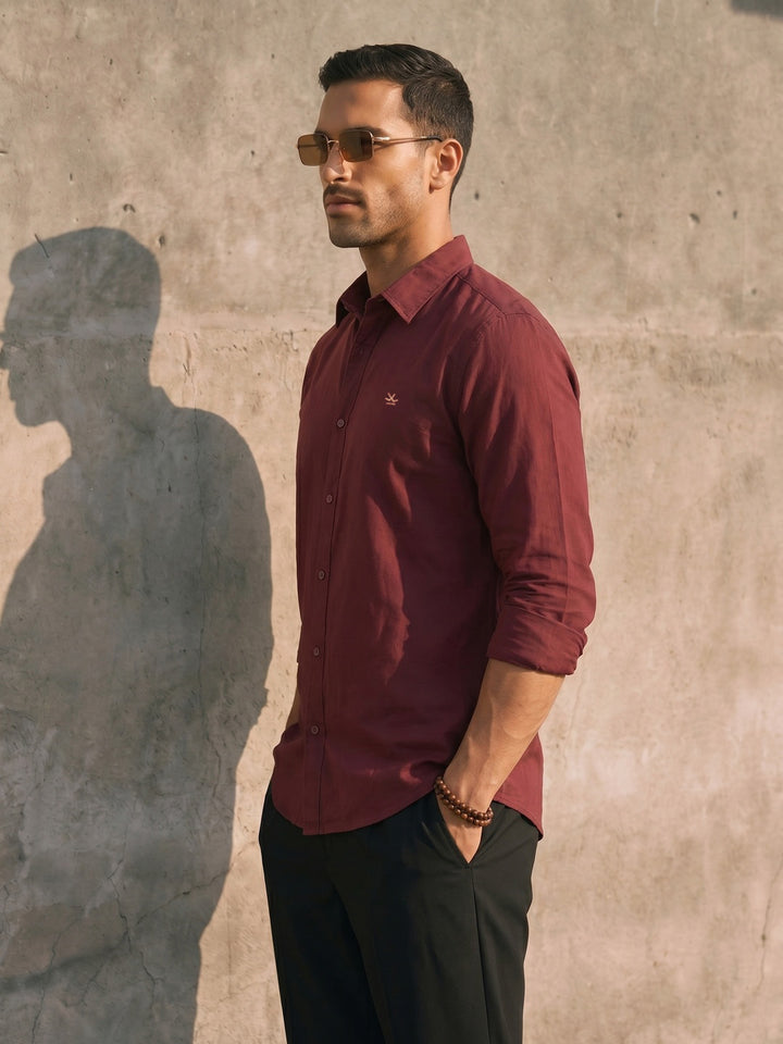 Solid Linen Blend Shirt | Wine