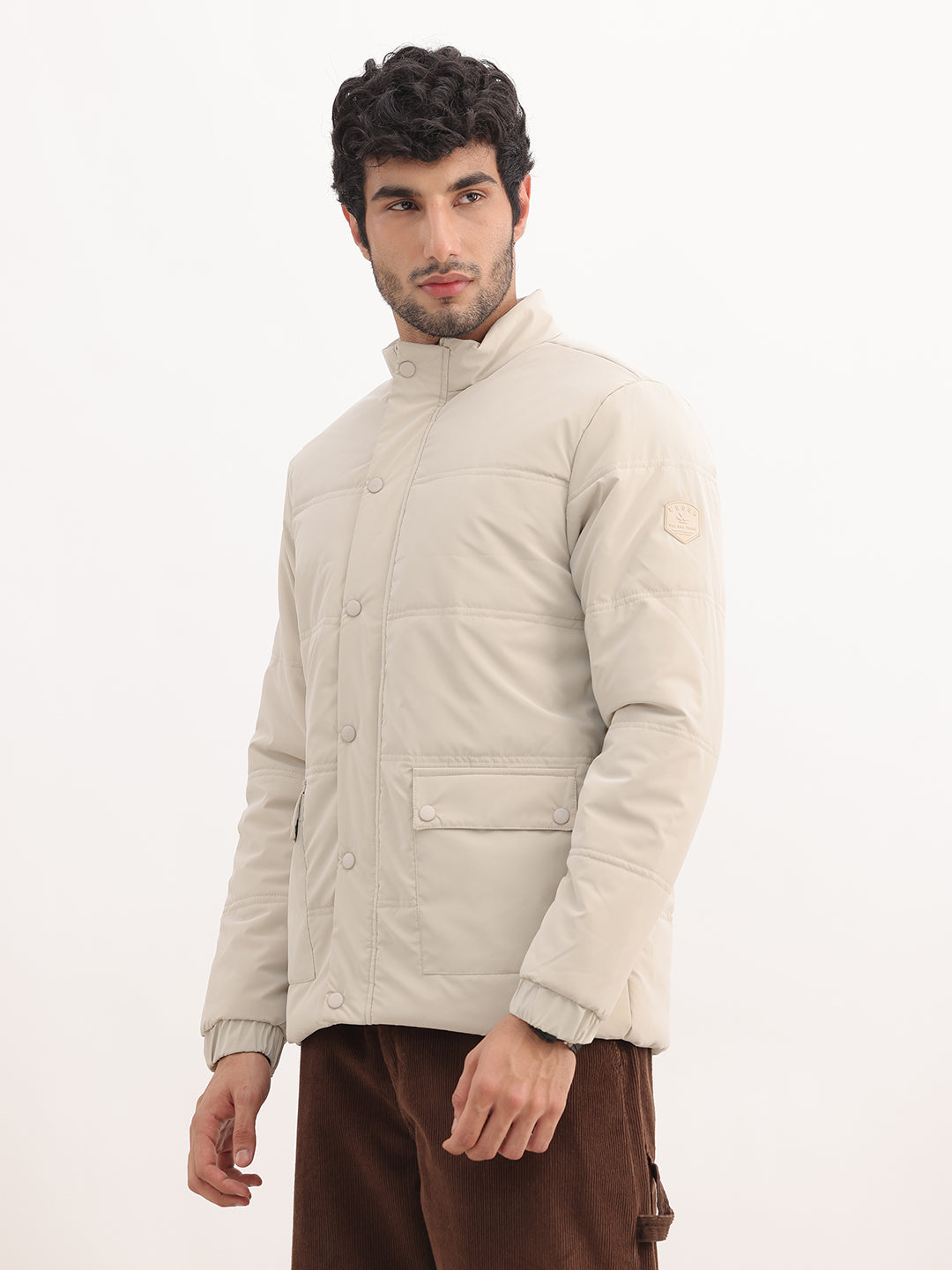 Solid Regular Fit Zipper Puffer Jacket | Beige
