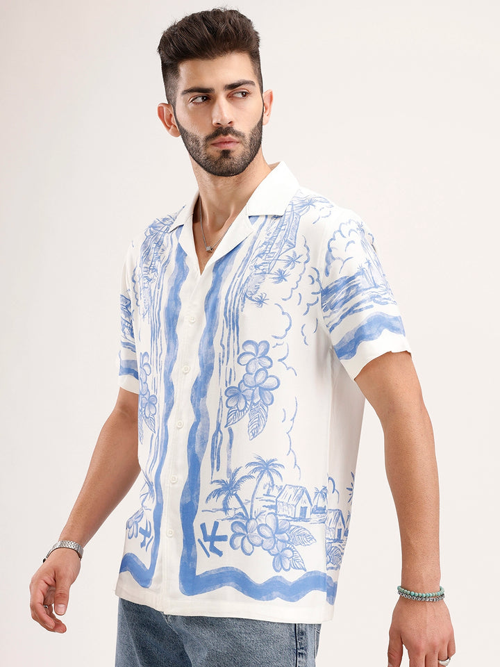 Slim Fit Printed Resort Collar Shirt | White