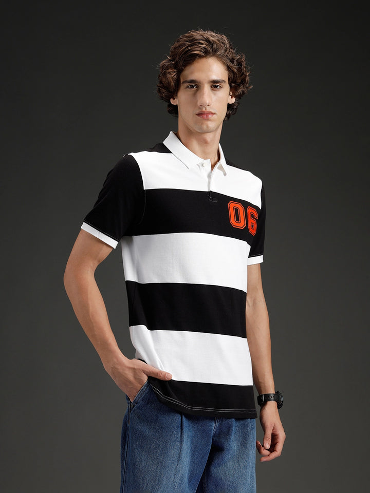 Wrogn Striped Colorblocked Varsity Polo | Black