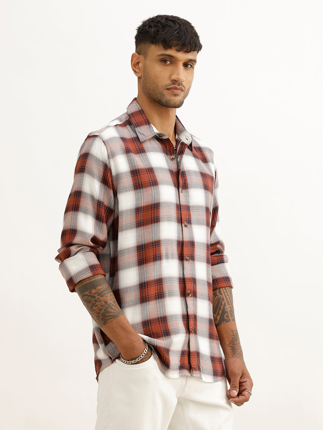 Slim Fit Checkered Full Sleeve Shirt | Brown