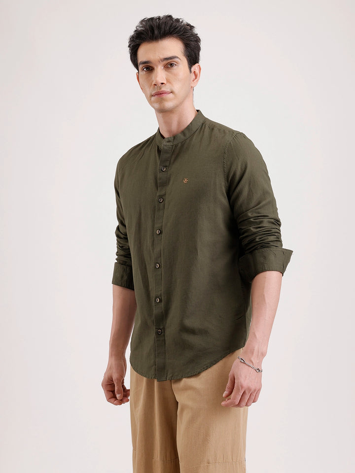 Slim Fit Mandrin Collar Linen Blend Shirt  | Olive