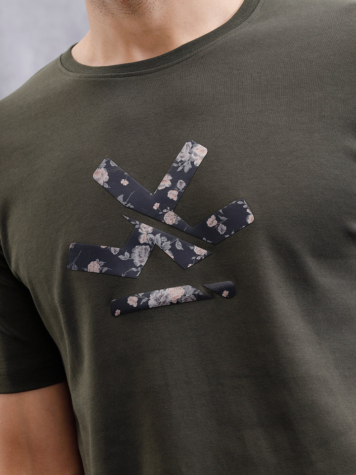 Premium Interlock Base With Dark Floral Logo Brand Carrier Crew Neck T-Shirt | Olive