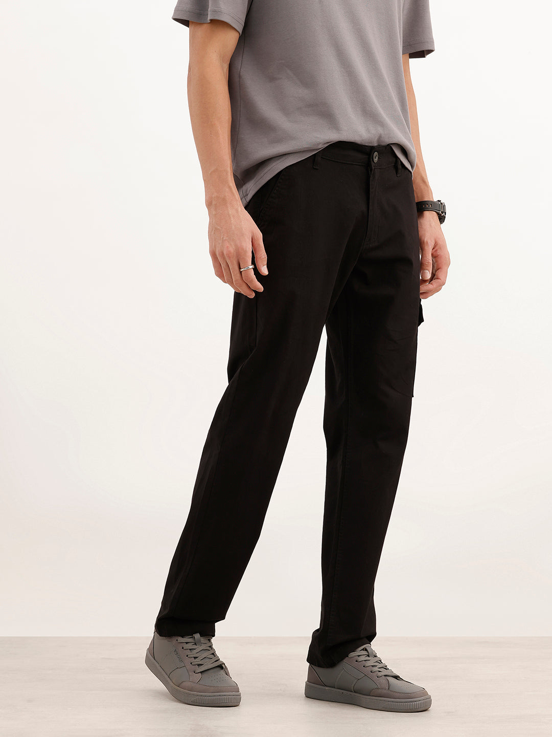 Solid Straight Fit Cargo Trouser | Black