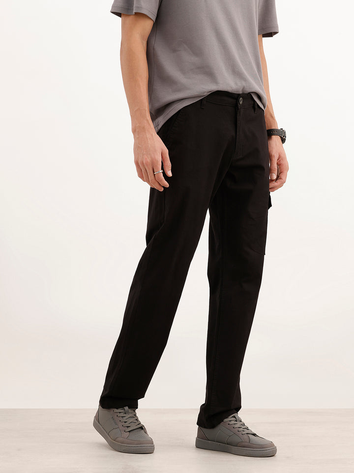 Solid Straight Fit Cargo Trouser | Black