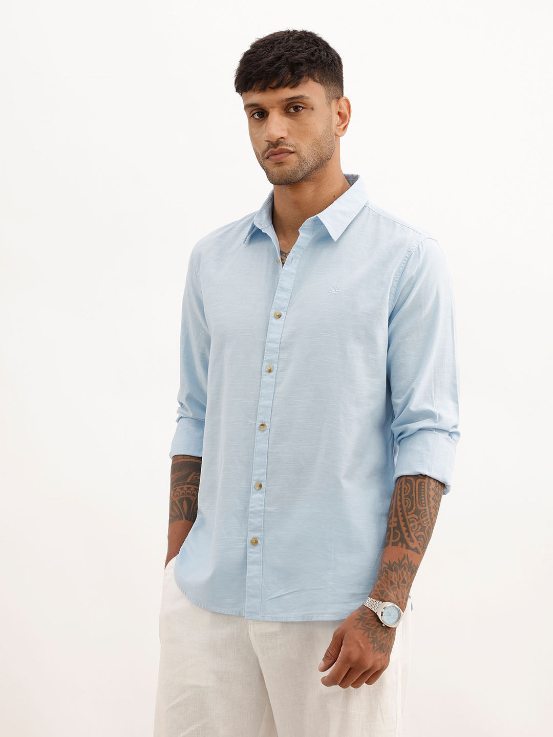 Solid Slim Fit 100% Cotton Shirt | Light Blue