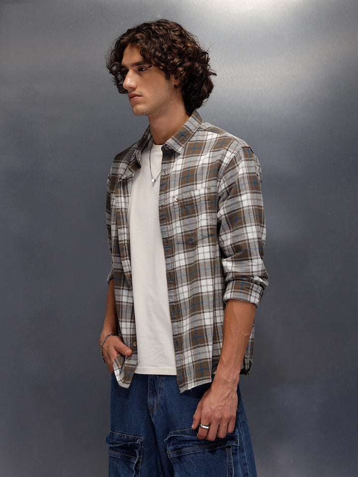 Textured Comfort Fit Checkered Pattern Shirt With Branding | Brown