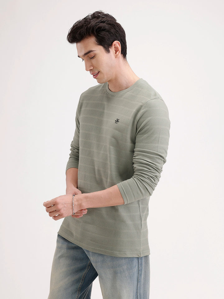 Slim Fit Textured Full Sleeves T-Shirt | Green