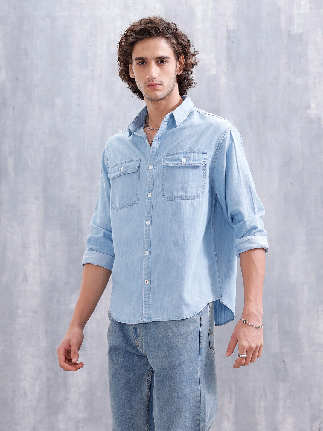 Comfort Fit Double Pocket Solid Shirt | Blue