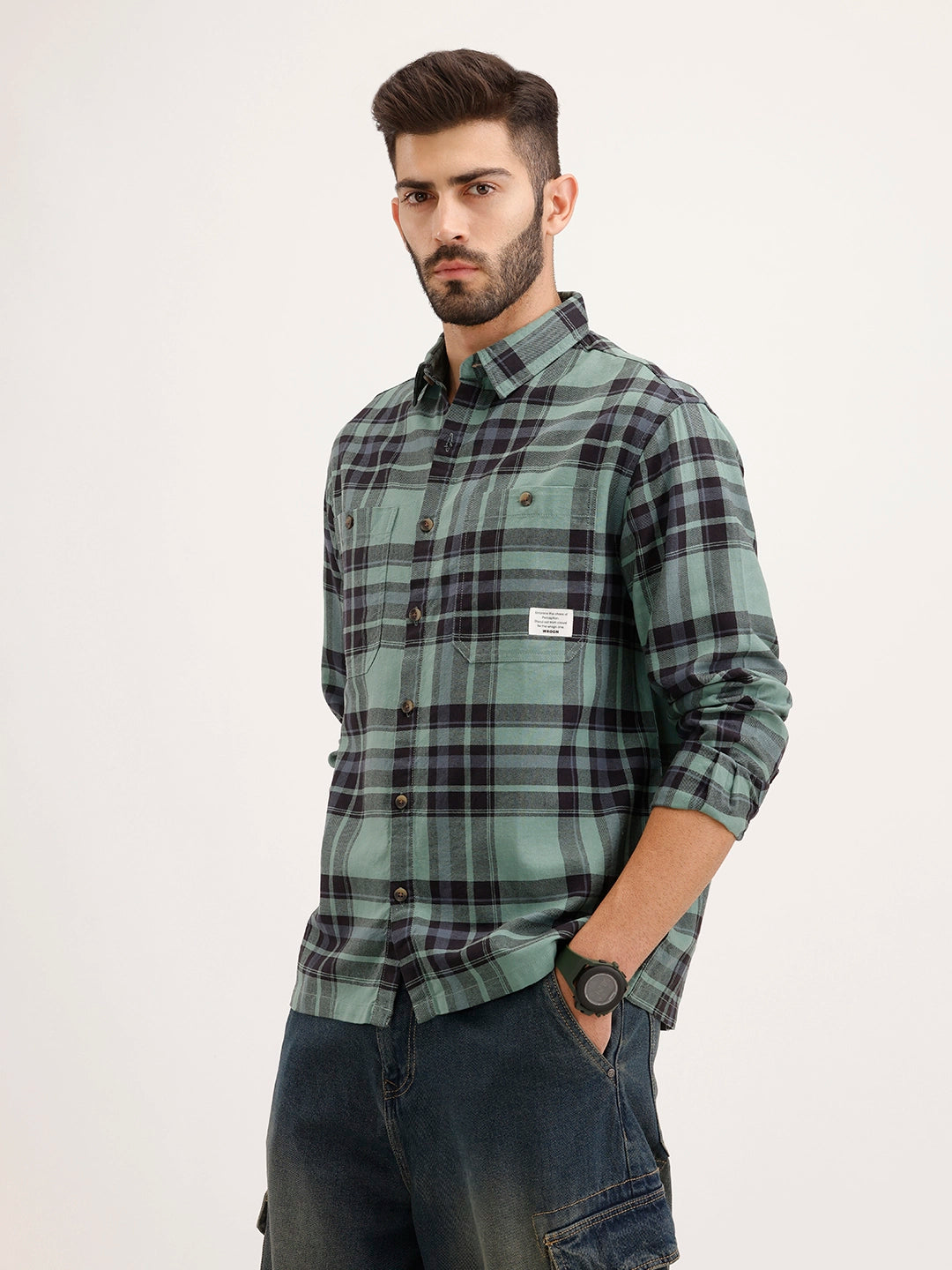 Comfort Fit Double Pocket Checkered Shirt | Green
