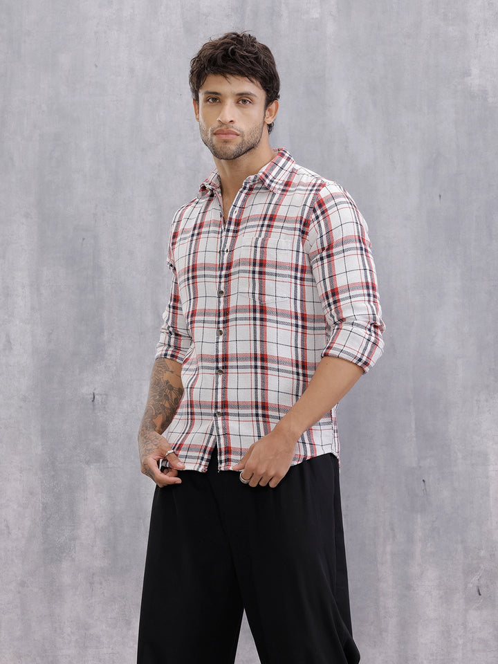 Textured Classic Plaid Check Casual Shirt For Men | White