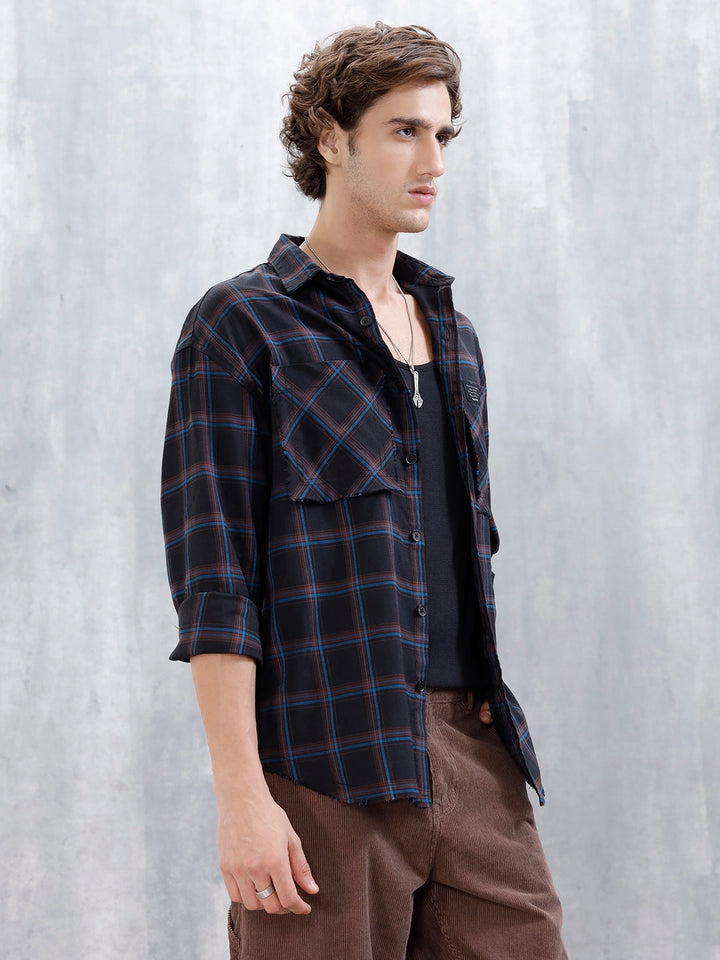 Wrogn Oversized Checkered Shirt With Raw Edged Double Pockets | Black