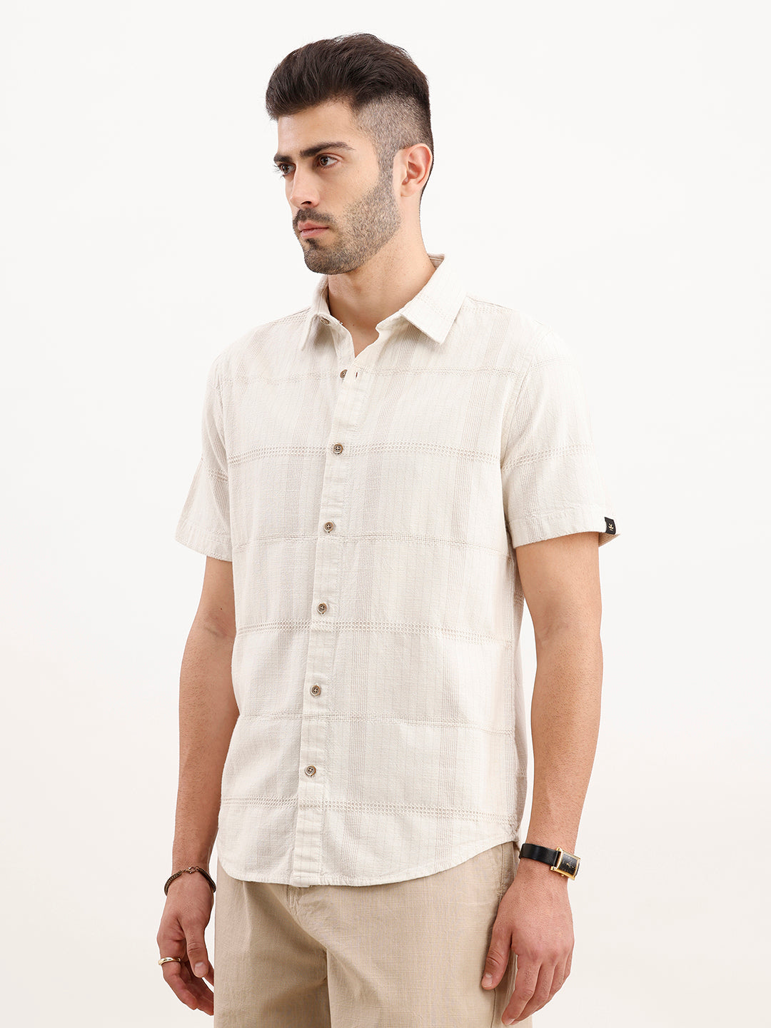 Textured Slim Fit Half Sleeved Shirt | Off White