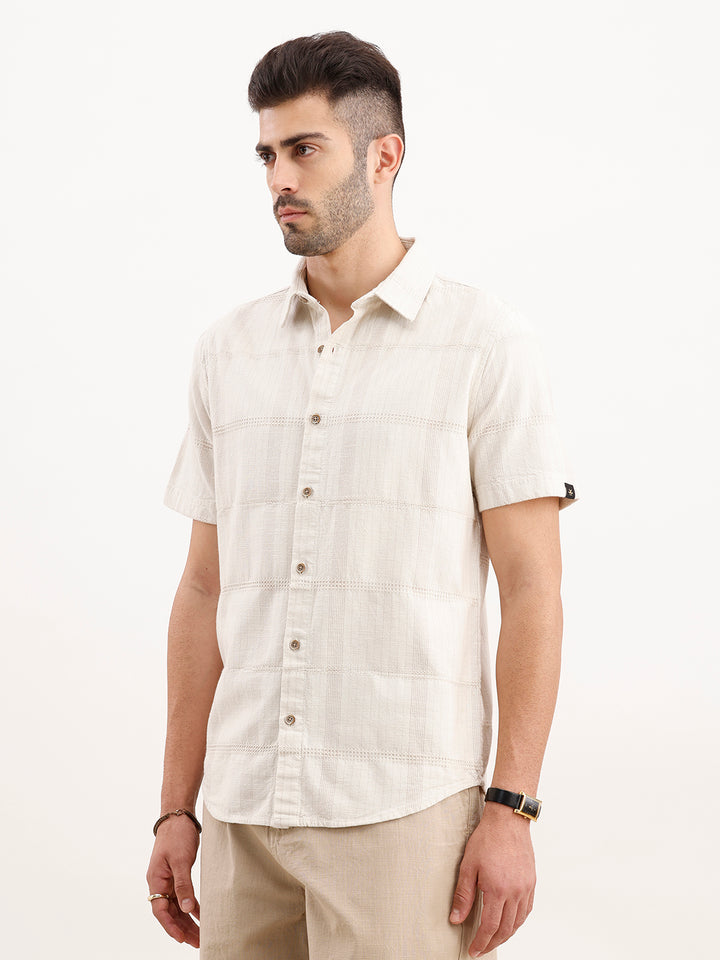 Textured Slim Fit Half Sleeved Shirt | Off White