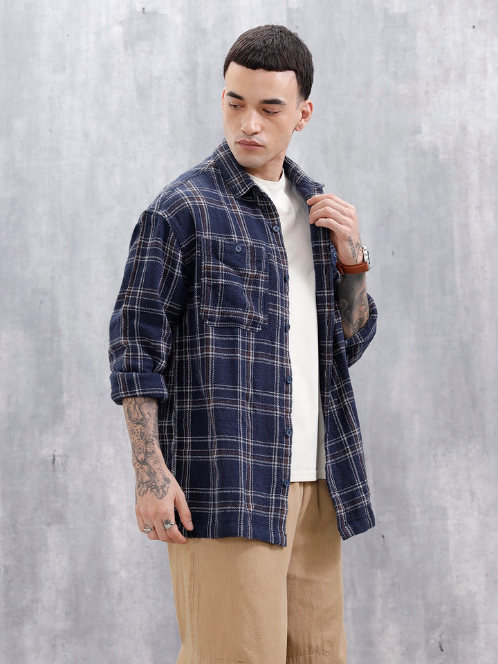 Wrogn Men's Oversized Double Pocket Textured Checks Shirt  | Navy Blue