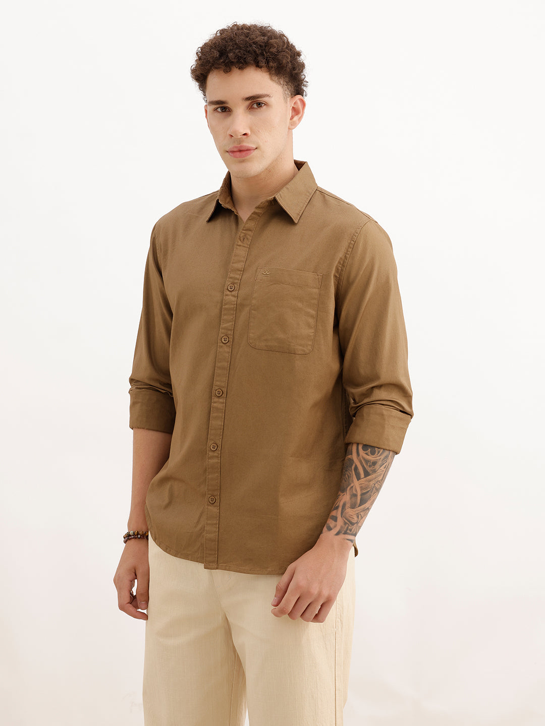Solid Regular Fit Full Sleeve Shirt | Khaki | WWSH0851MAZ