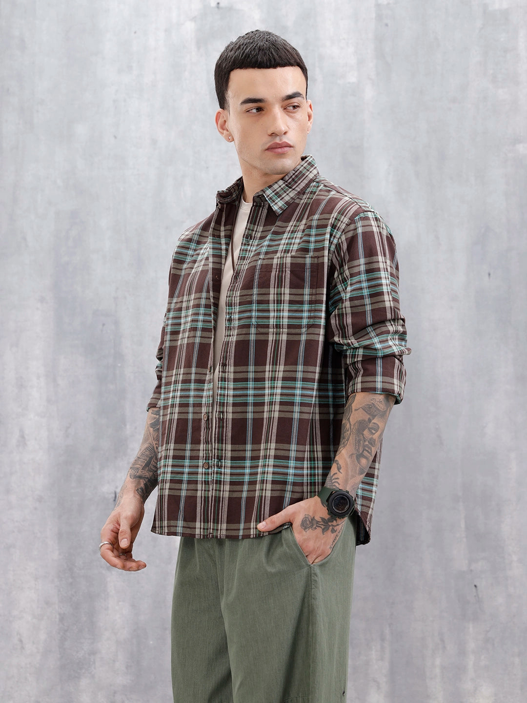 Wrogn Men’s Comfort Fit Checkered Shirt With Chest Pocket | Brown