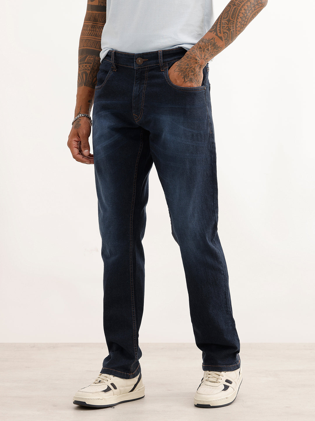 Straight Fit Faded Denim Jeans | Blue