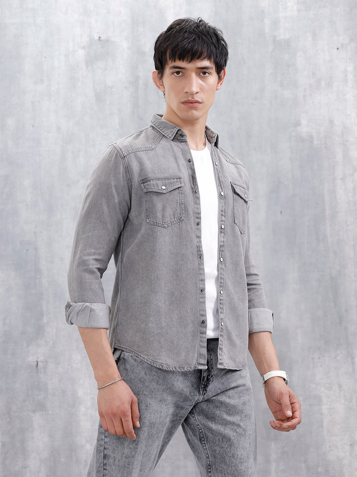 Men's Washed Slim Fit Denim Shirt | Grey