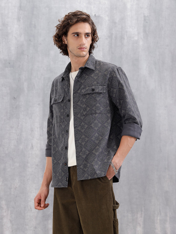 Heavy Printed Canvas Oversized Fit Overshirt | Dark Grey