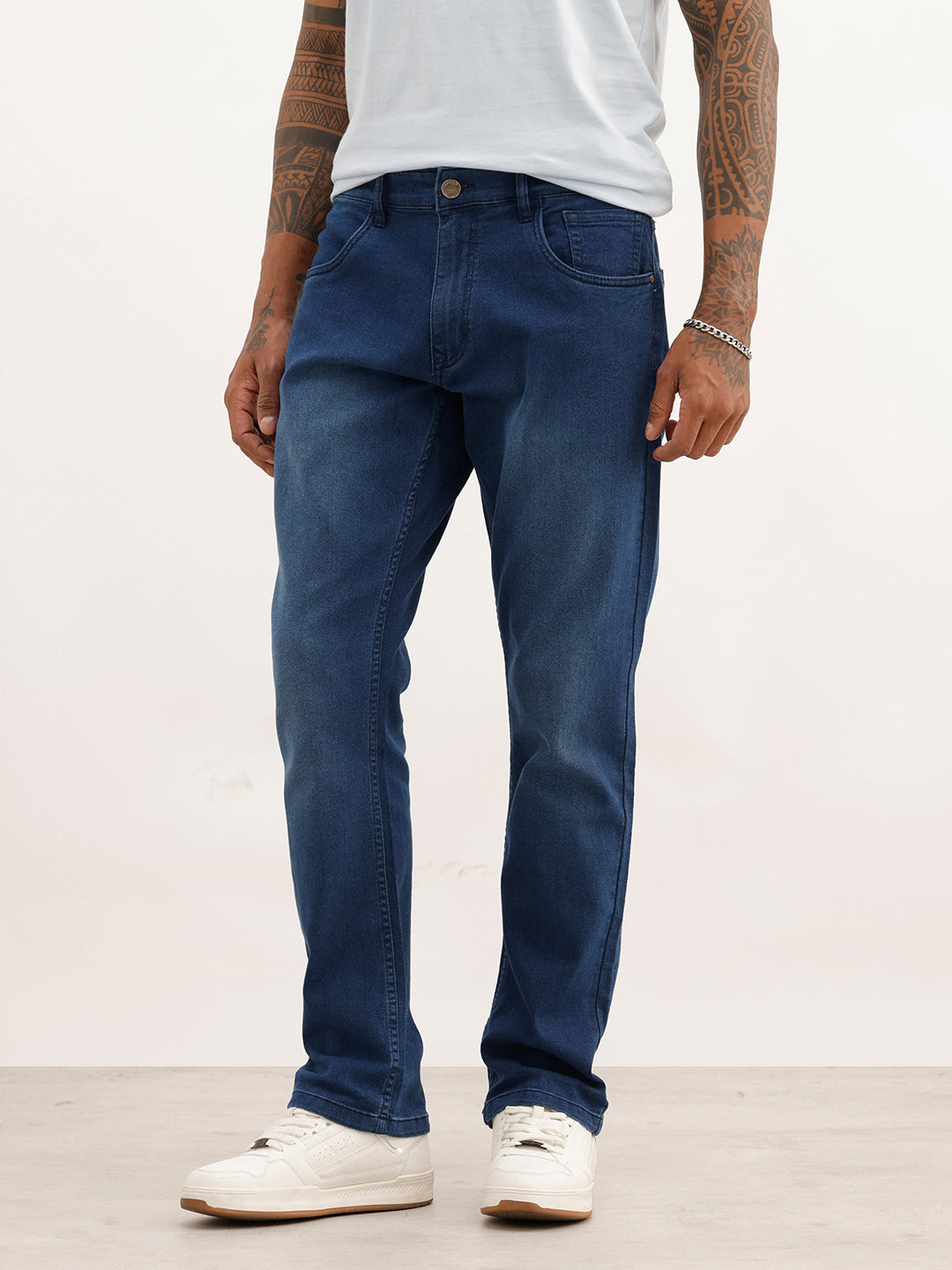 Faded Straight Fit Denim Jeans | Dark Blue