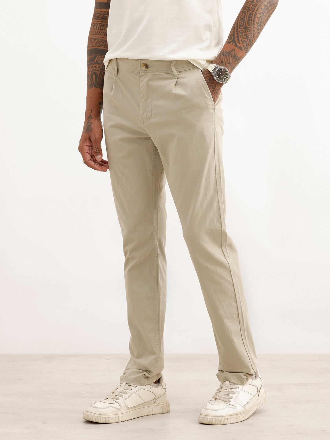 Solid Slim Fit Pleated Trouser | Beige