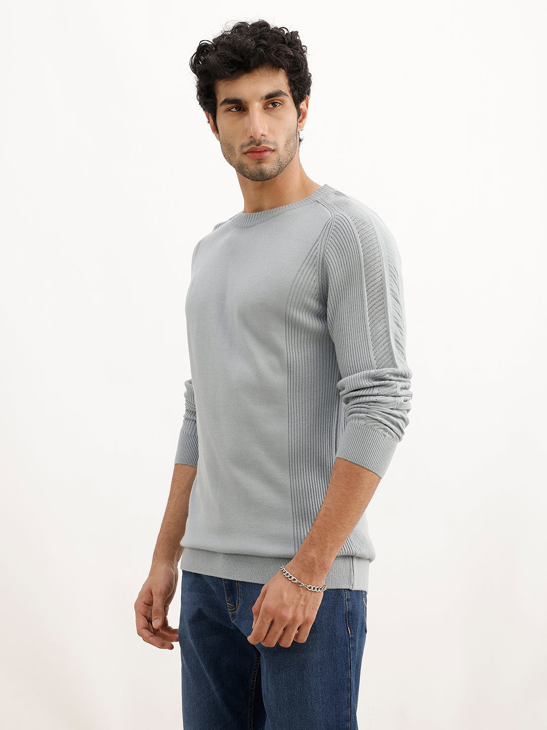 Solid Regular Fit Knitted Sweater | Grey