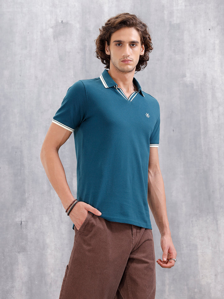 Contrast Tipped Johnny Collar Slim Fit Polo | Teal