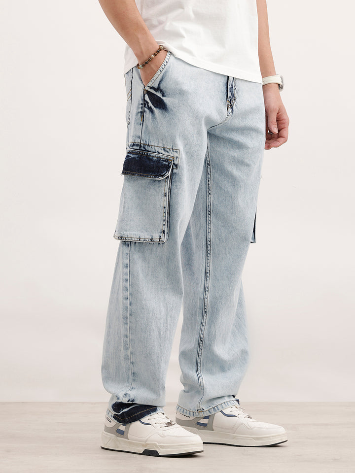Loose Fit Cargo Denim Jeans  | Light Blue