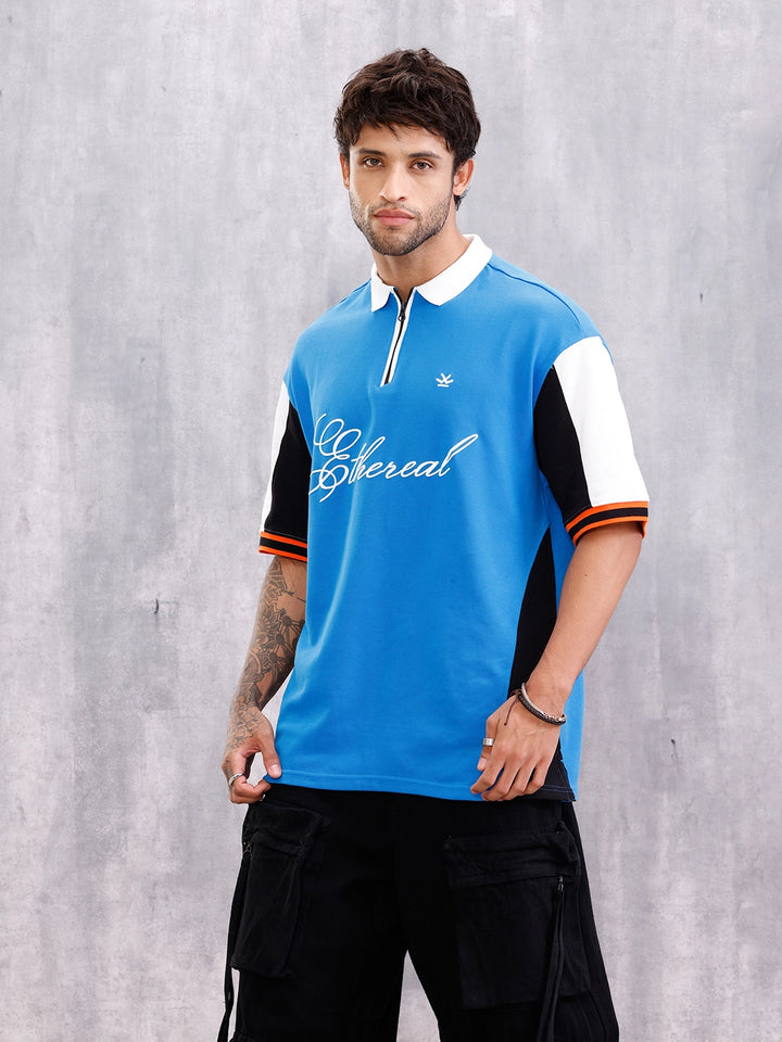 Retro Inspired Color Block Front Zip Polo I Blue