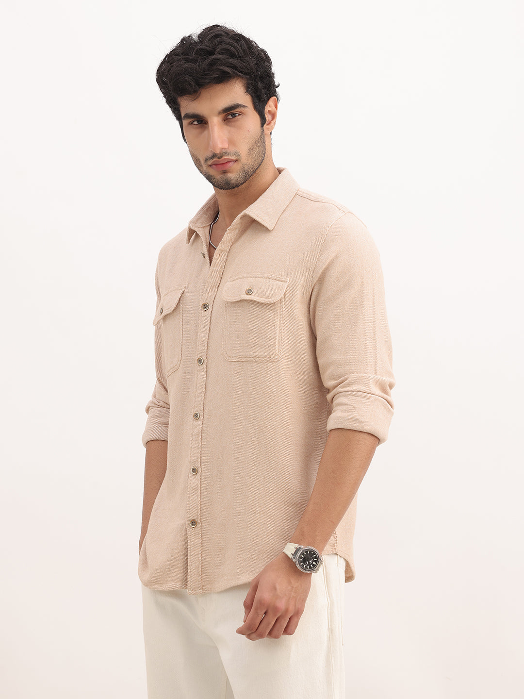 Slim Fit Double Pocket Full Sleeve Shirt | Beige