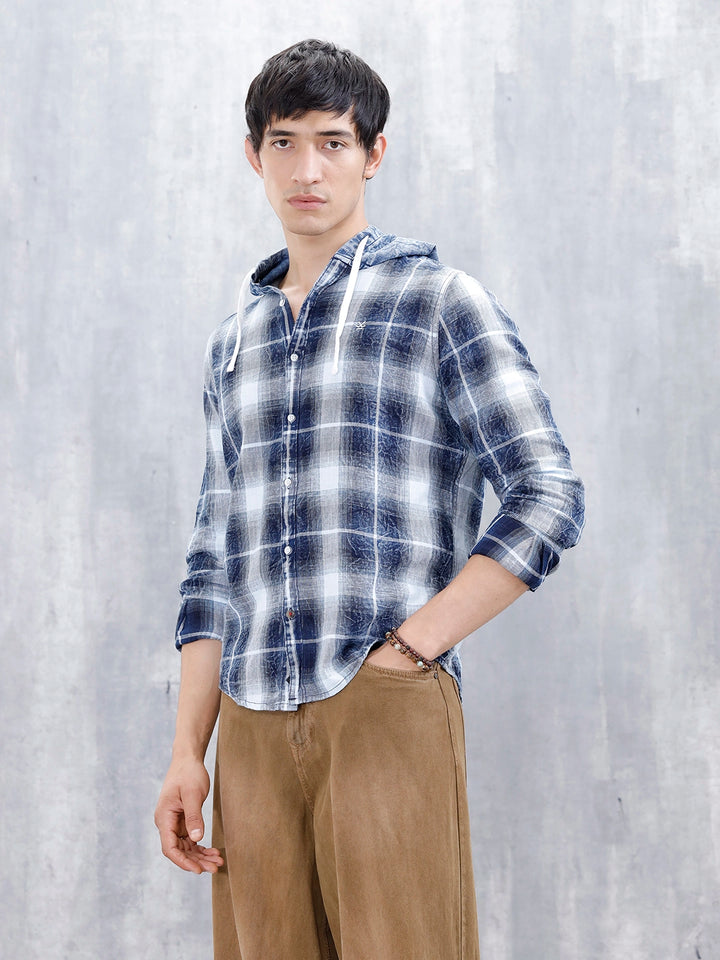 Casual Slim Fit Shadow Checkered Pattern Shirt  | Navy Blue