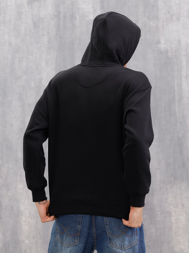 Adorned Logo In Velvet Flock Print On Oversized Hoodie Pullover | Black