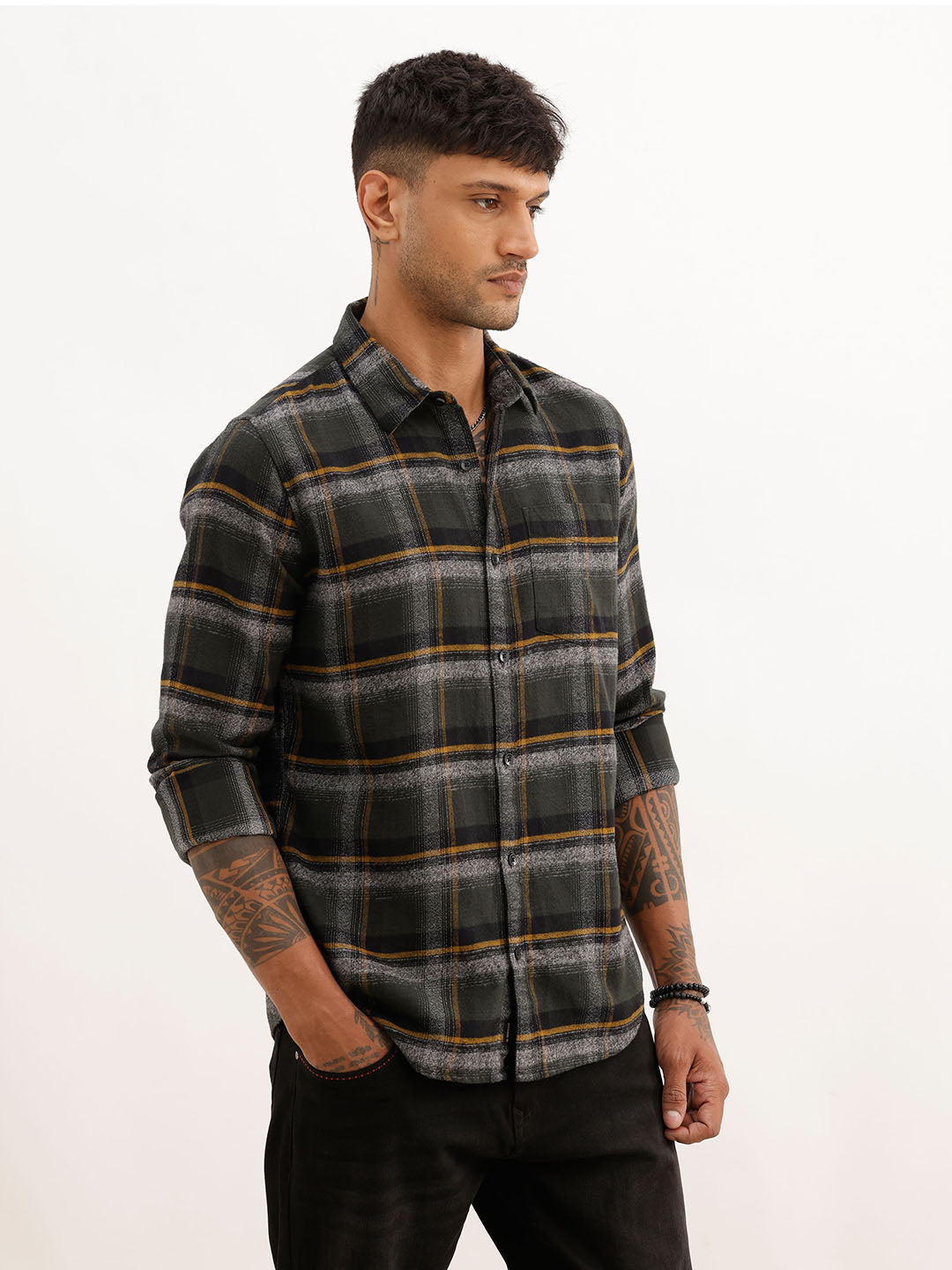 Slim Fit Checkered Full Sleeve Shirt | Dark Green