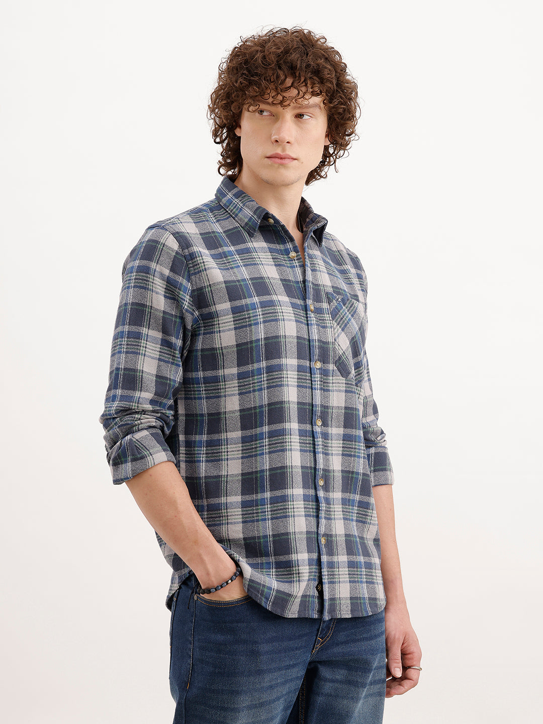 Slim Fit Textured Checkered Shirt  | Grey