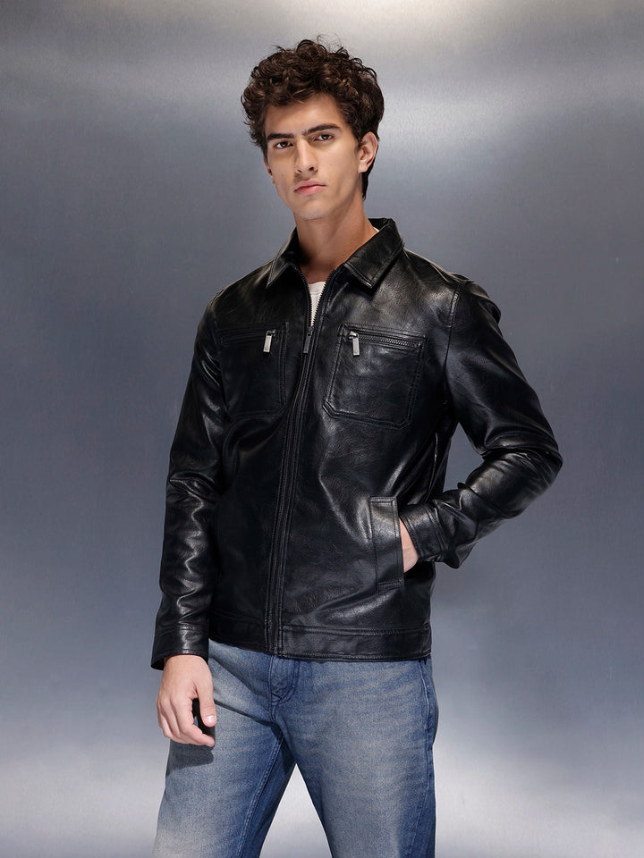 Men's Slim Fit PU Collared Jacket  |  Black