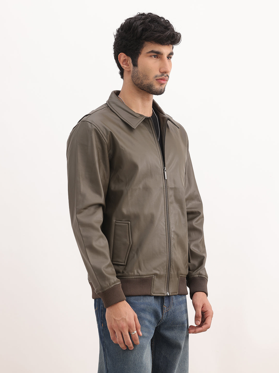 Solid Regular Fit Zipper Jacket | Olive