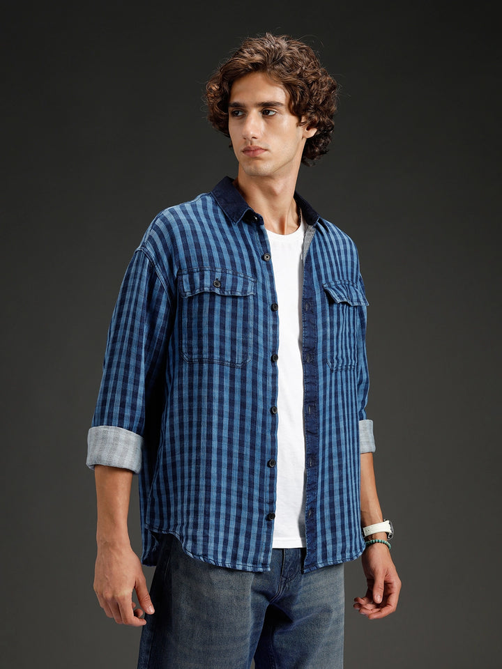 Men's casual oversized fit checkered pattern shirt | Navy Blue