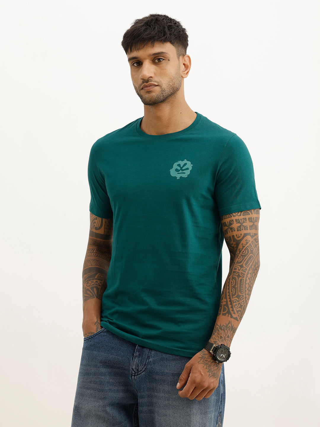 Classic Slim Fit Placement Printed T-Shirt | Dark Green