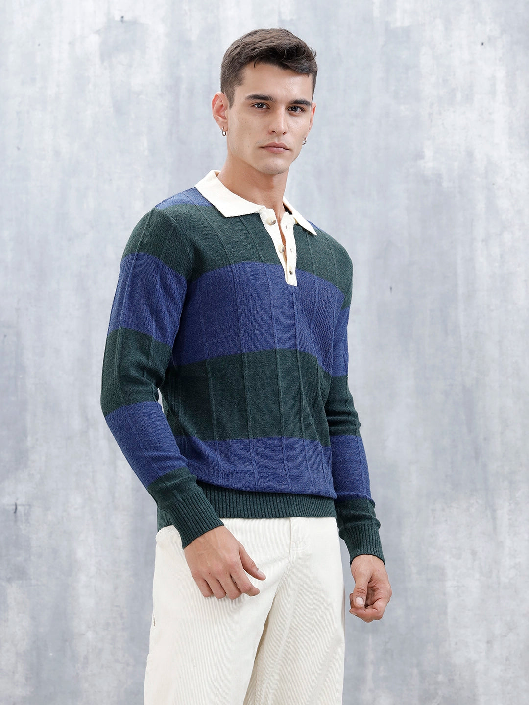 Men's Striped Polo Collar Sweater | Blue