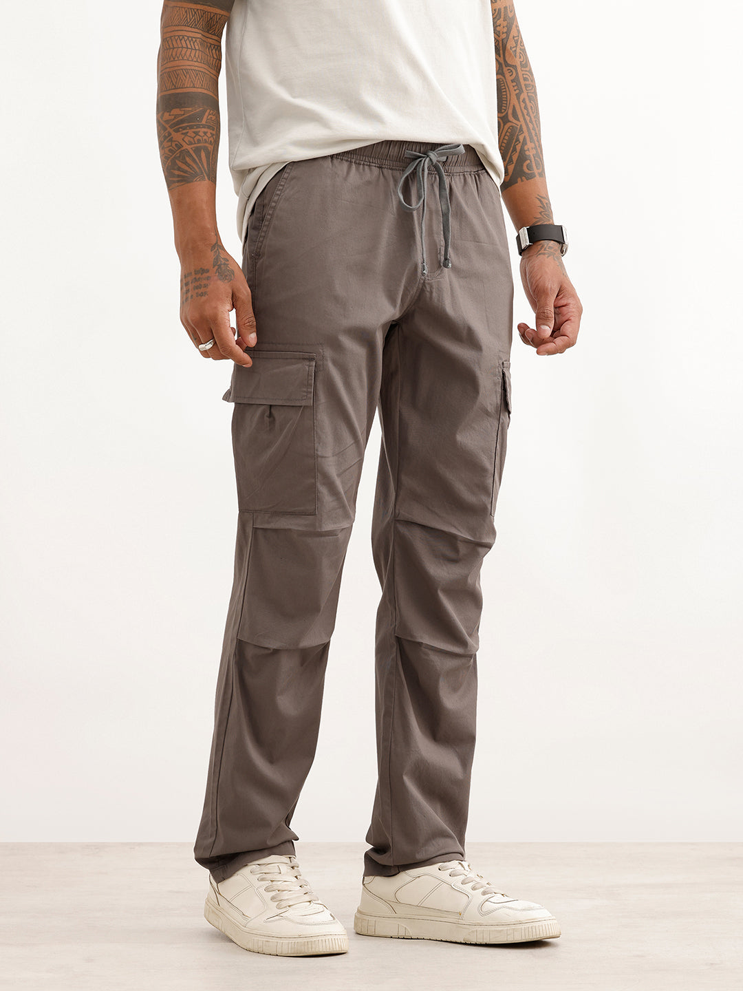 Solid Straight Fit Cargo Trousers | Dark Grey