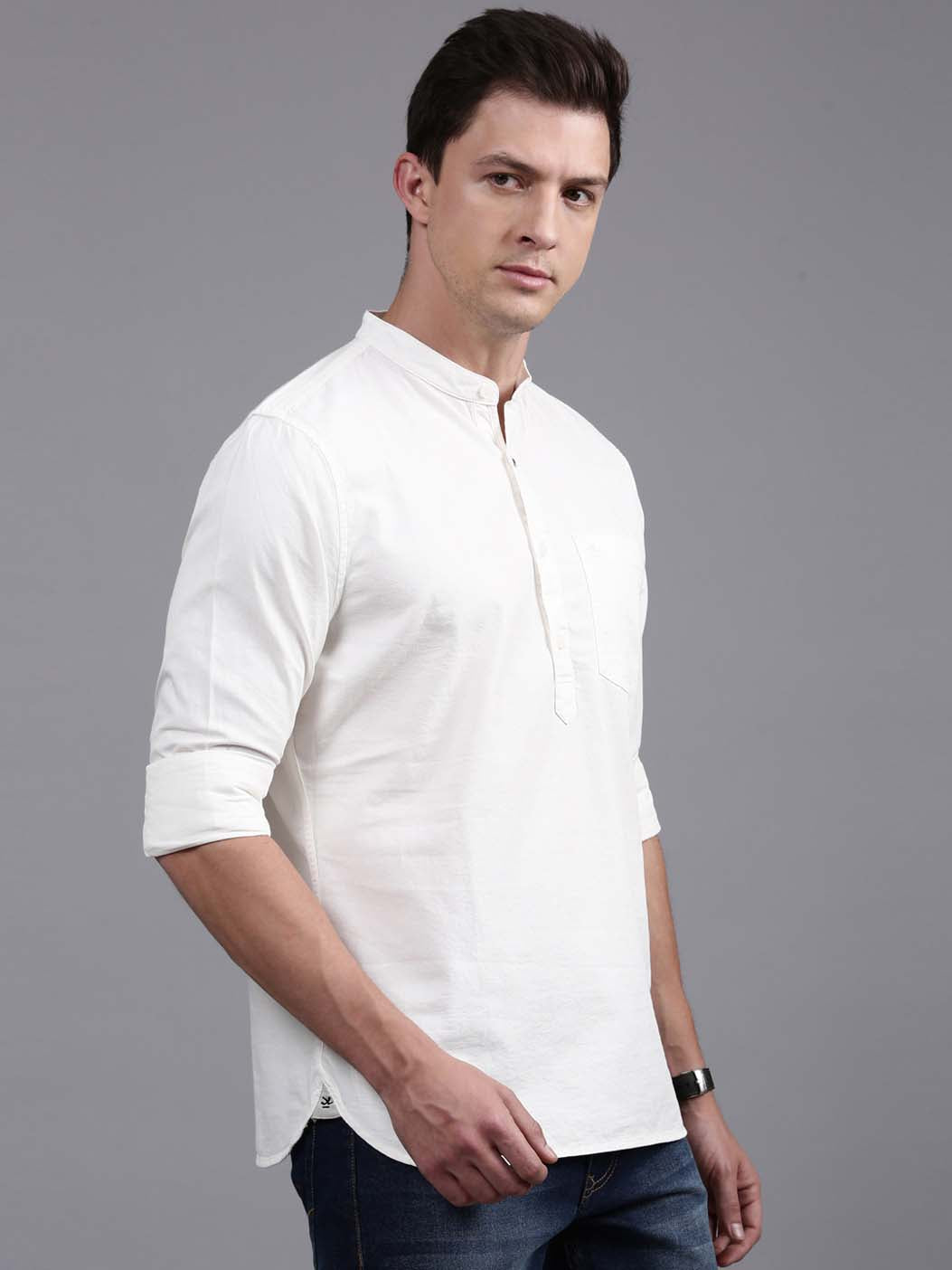 White Henley Neck Solid Shirt