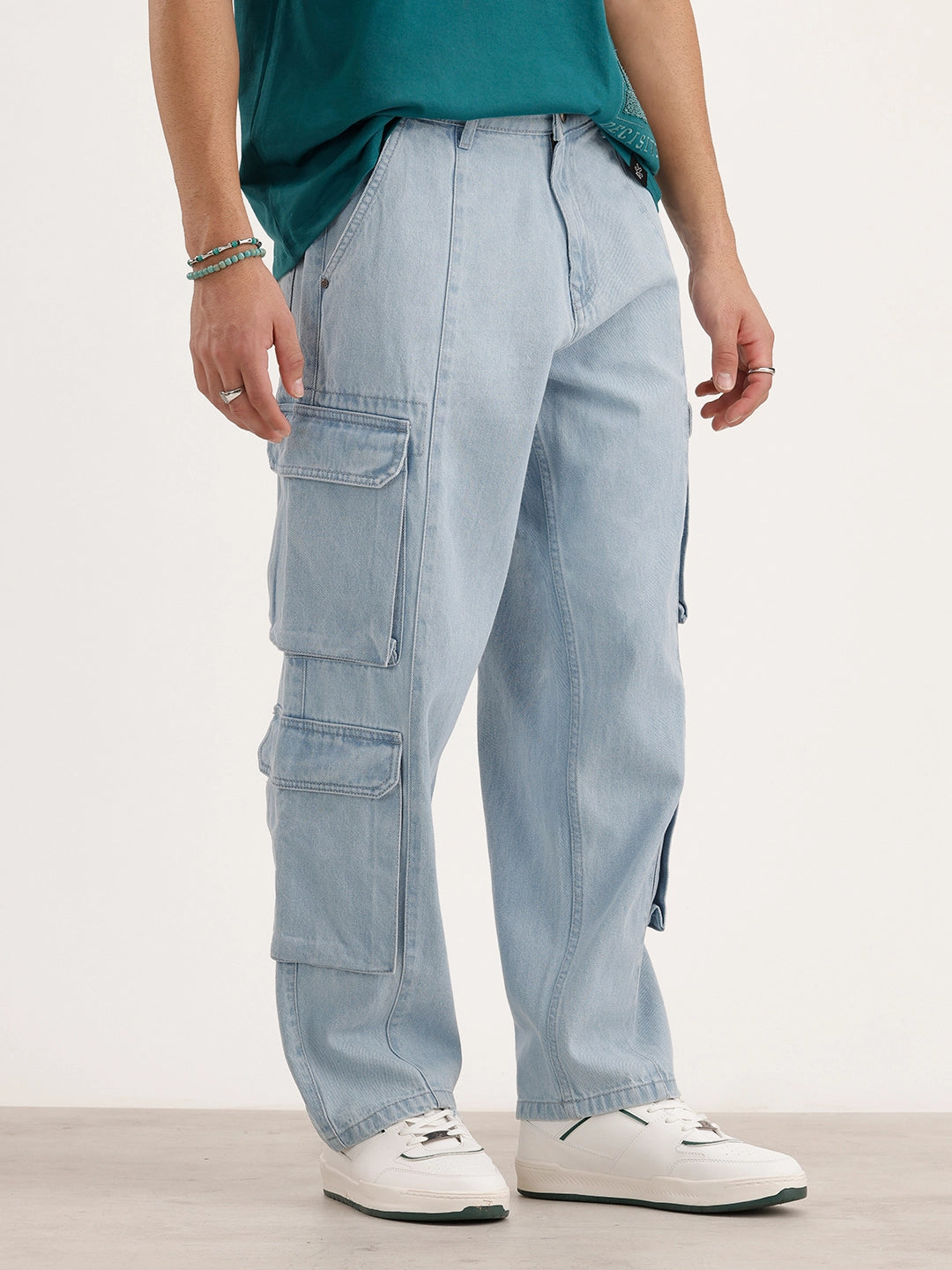 Loose Fit Cargo Denim Jeans | Light Blue